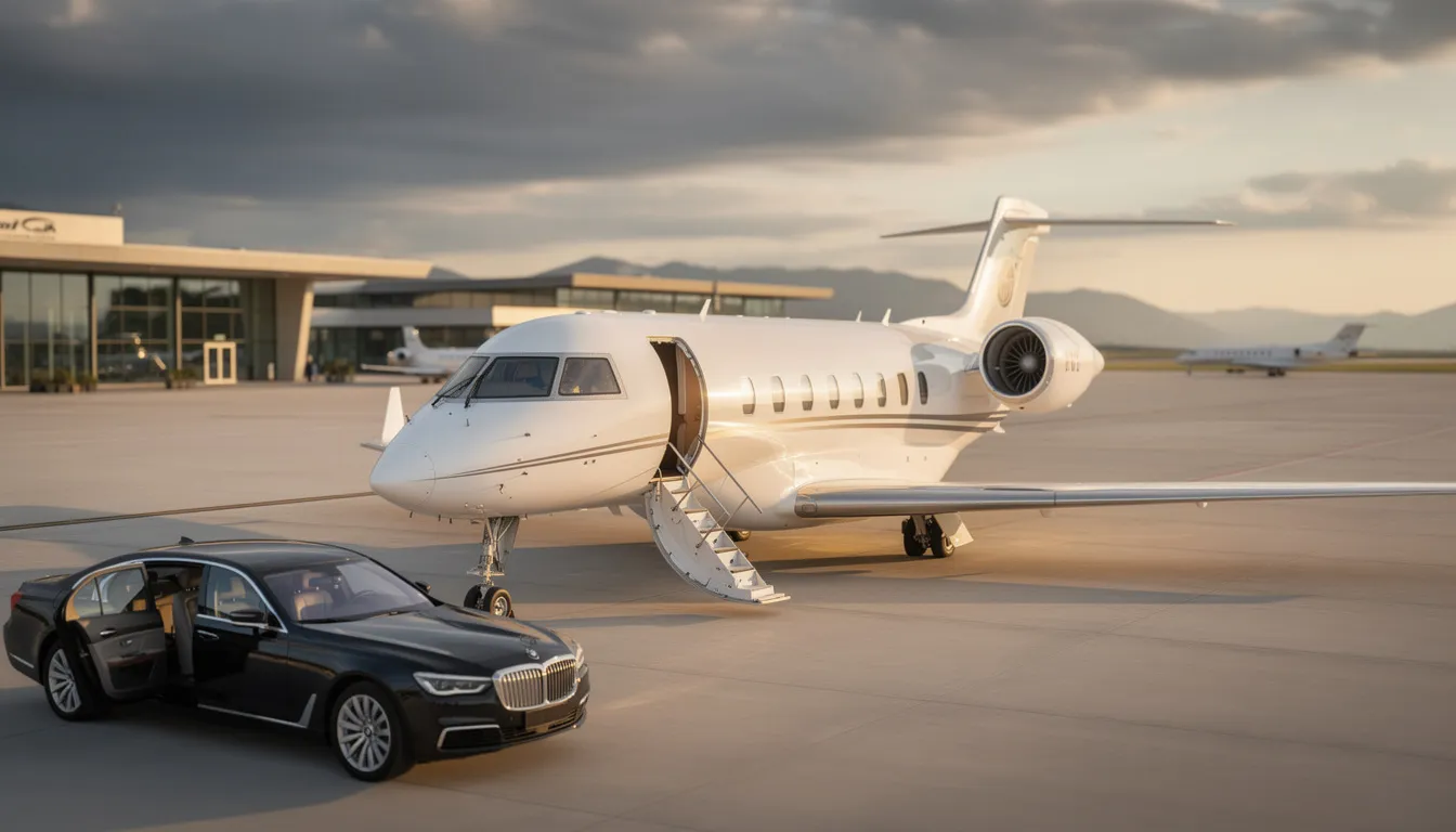 The image depicts a sleek private jet parked at a private terminal, showcasing the luxury and convenience of private aviation. This setting highlights the benefits of private charter flights, offering travelers a spacious cabin and the flexibility to fly on their own schedule without the hassle of long security lines.