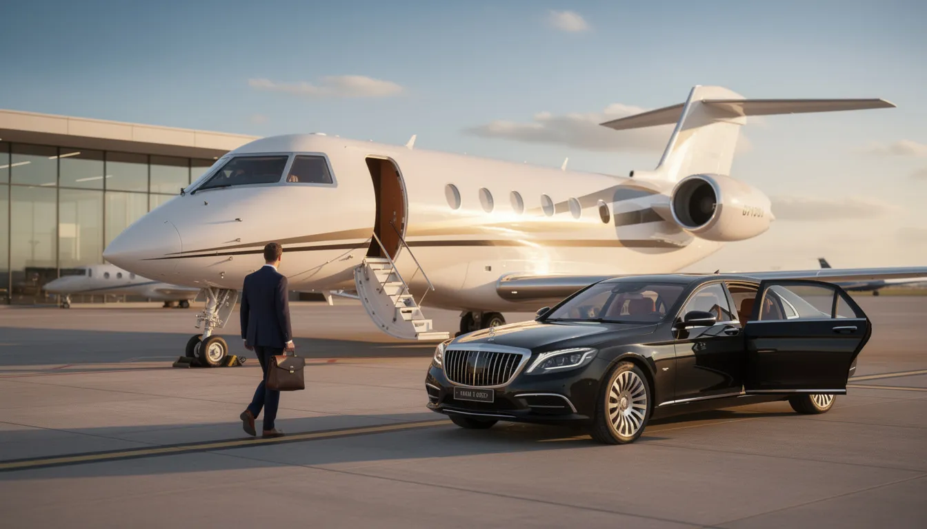 The image depicts a sleek private jet parked at a private terminal, showcasing the luxury and convenience of private aviation. This setting highlights the benefits of private charter flights, offering travelers a spacious cabin and the flexibility to fly on their own schedule without the hassle of long security lines.