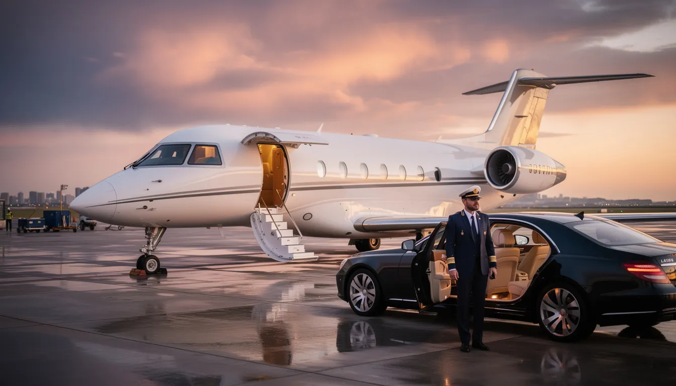 The image showcases a luxurious private jet parked on a tarmac, symbolizing the private aviation industry. It highlights the seamless travel experience offered to discerning travelers, with personalized service and operational excellence at the forefront of private jet travel.