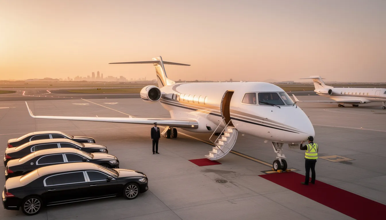 The image showcases a luxurious private jet parked on a tarmac, symbolizing the private aviation industry. It highlights the seamless travel experience offered to discerning travelers, with personalized service and operational excellence at the forefront of private jet travel.
