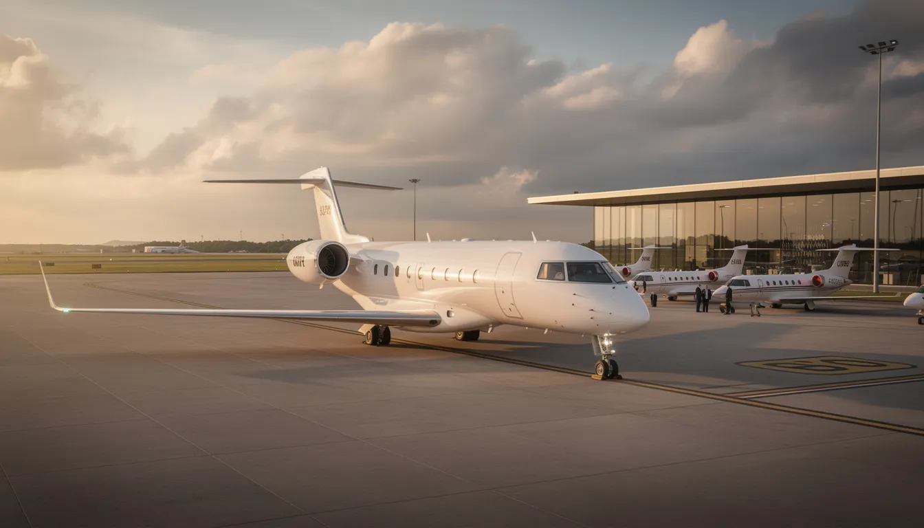 The image depicts a sleek private jet parked at a smaller terminal, highlighting the luxury of private aviation. This charter flight offers passengers a more spacious and personalized travel experience compared to commercial flights, allowing them to reach their final destination efficiently and comfortably.