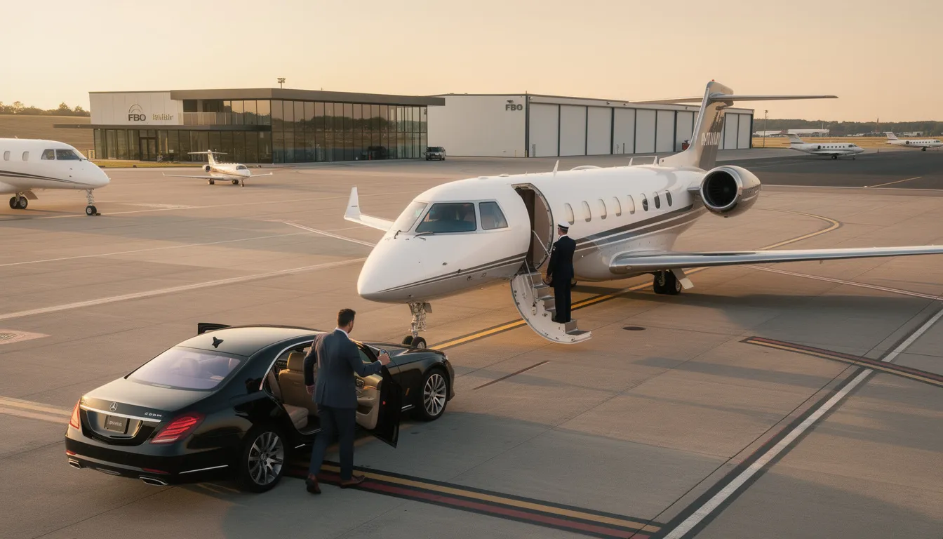 The image depicts a sleek private jet parked at a smaller terminal, highlighting the luxury of private aviation. This charter flight offers passengers a more spacious and personalized travel experience compared to commercial flights, allowing them to reach their final destination efficiently and comfortably.