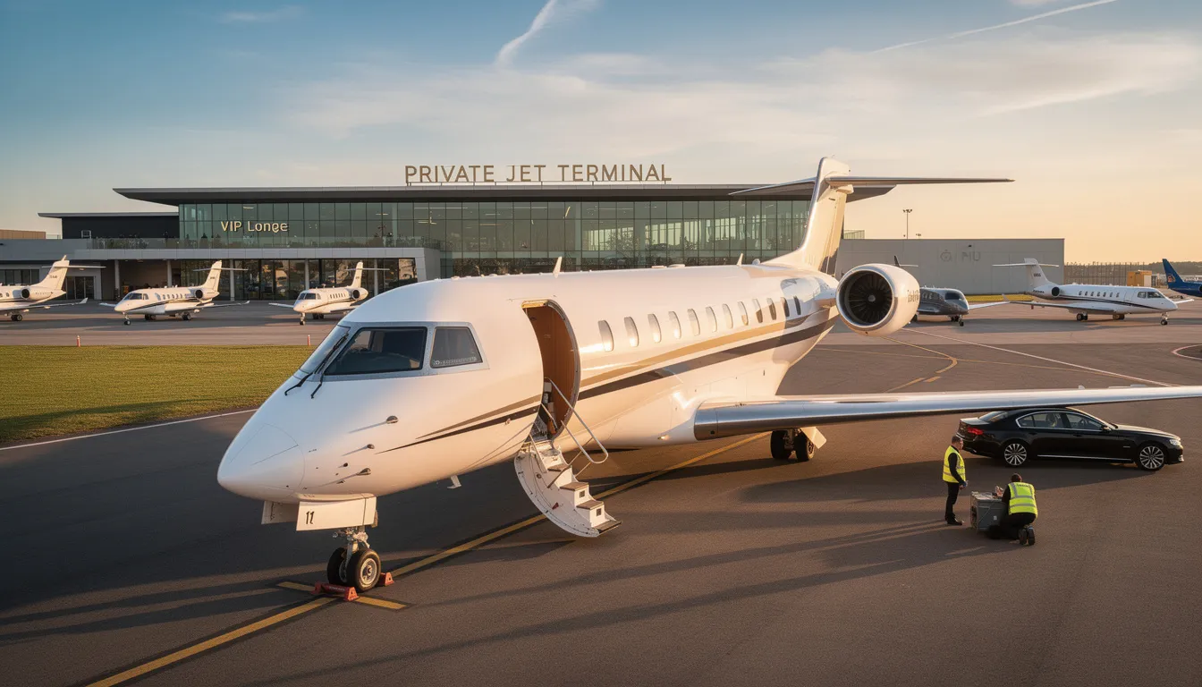 The image depicts a luxurious private jet parked at a private terminal, showcasing the exclusive access and comfort of private aviation. This setting highlights the seamless travel experience for private jet travelers, emphasizing the impeccable service and flexibility offered by charter flights.
