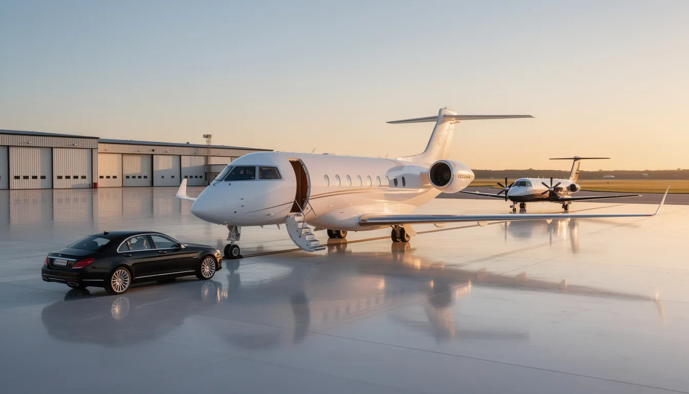 The image depicts a luxurious private jet parked at a private terminal, showcasing the exclusive access and comfort of private aviation. This setting highlights the seamless travel experience for private jet travelers, emphasizing the impeccable service and flexibility offered by charter flights.