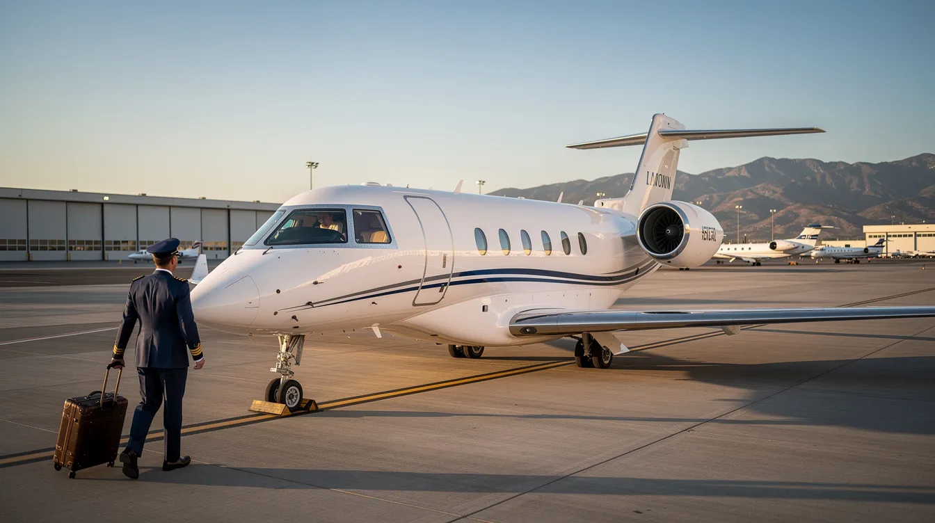 The image depicts a luxurious private jet parked at a private terminal, showcasing the elegance of private aviation. This setting highlights the exclusive access and comfort that private jet travelers enjoy, emphasizing the benefits of private jet charter services.