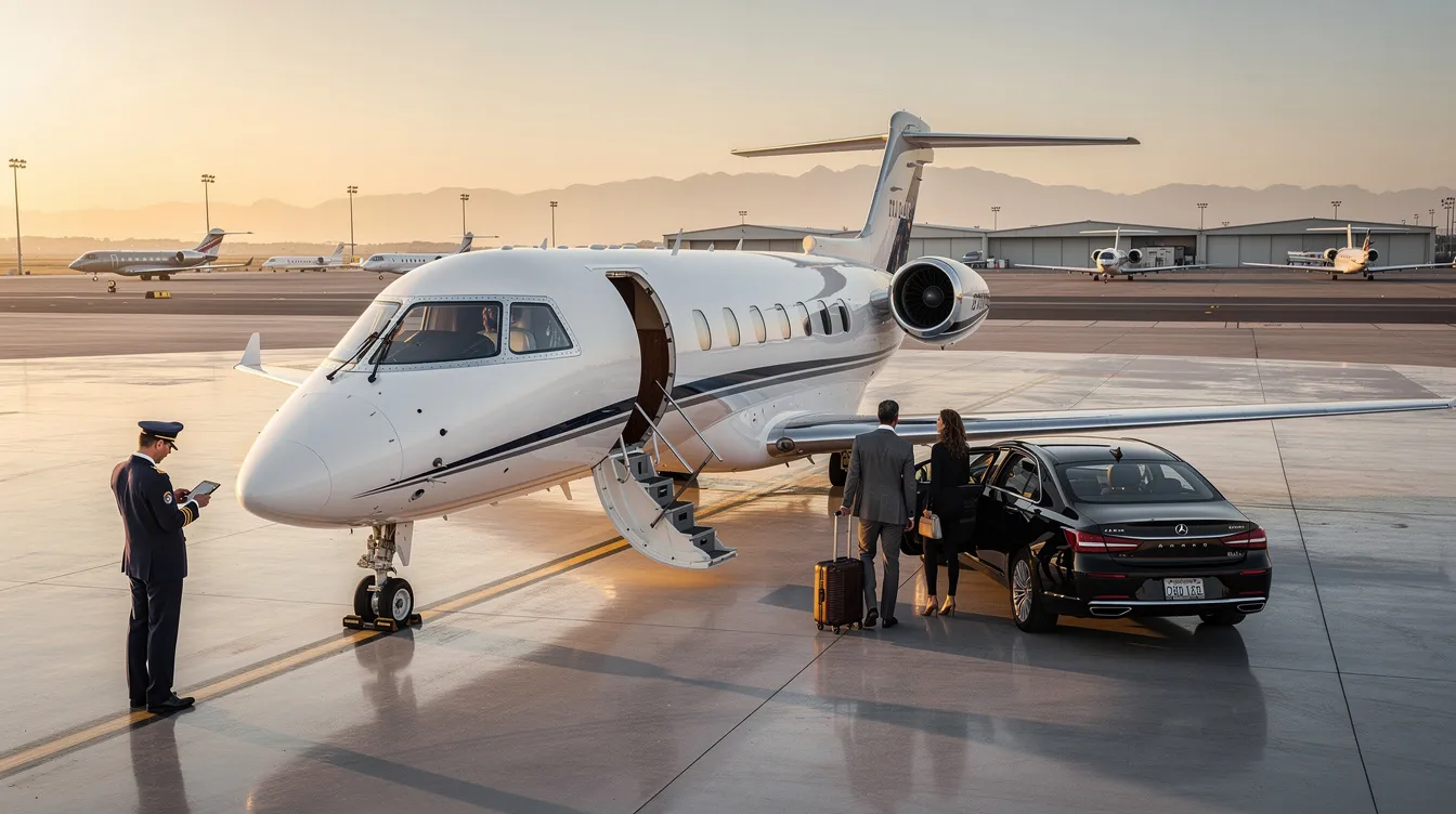 The image depicts a luxurious private jet parked at a private terminal, showcasing the elegance of private aviation. This setting highlights the exclusive access and comfort that private jet travelers enjoy, emphasizing the benefits of private jet charter services.