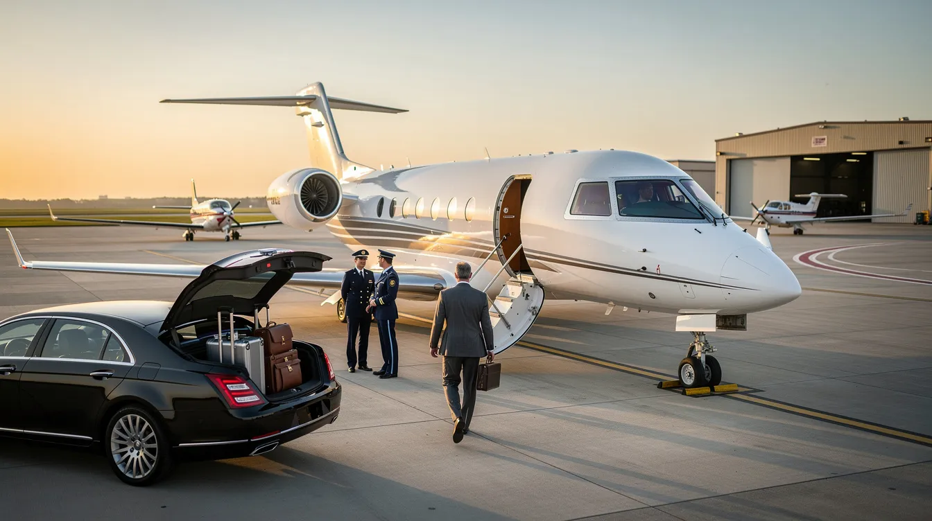 The image depicts a sleek private jet parked at Miami International Airport, ready for passengers embarking on luxurious private jet flights. The aircraft is equipped with modern amenities, ensuring a comfortable journey for clients traveling to various destinations in South Florida and beyond.