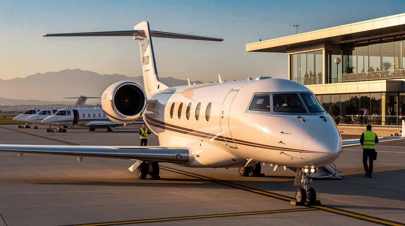 The image depicts a luxurious private jet parked at a private terminal, showcasing the elegance of private aviation. This scene emphasizes the exclusive access and personalized services associated with private jet travel, highlighting the comfort and convenience of charter flights.