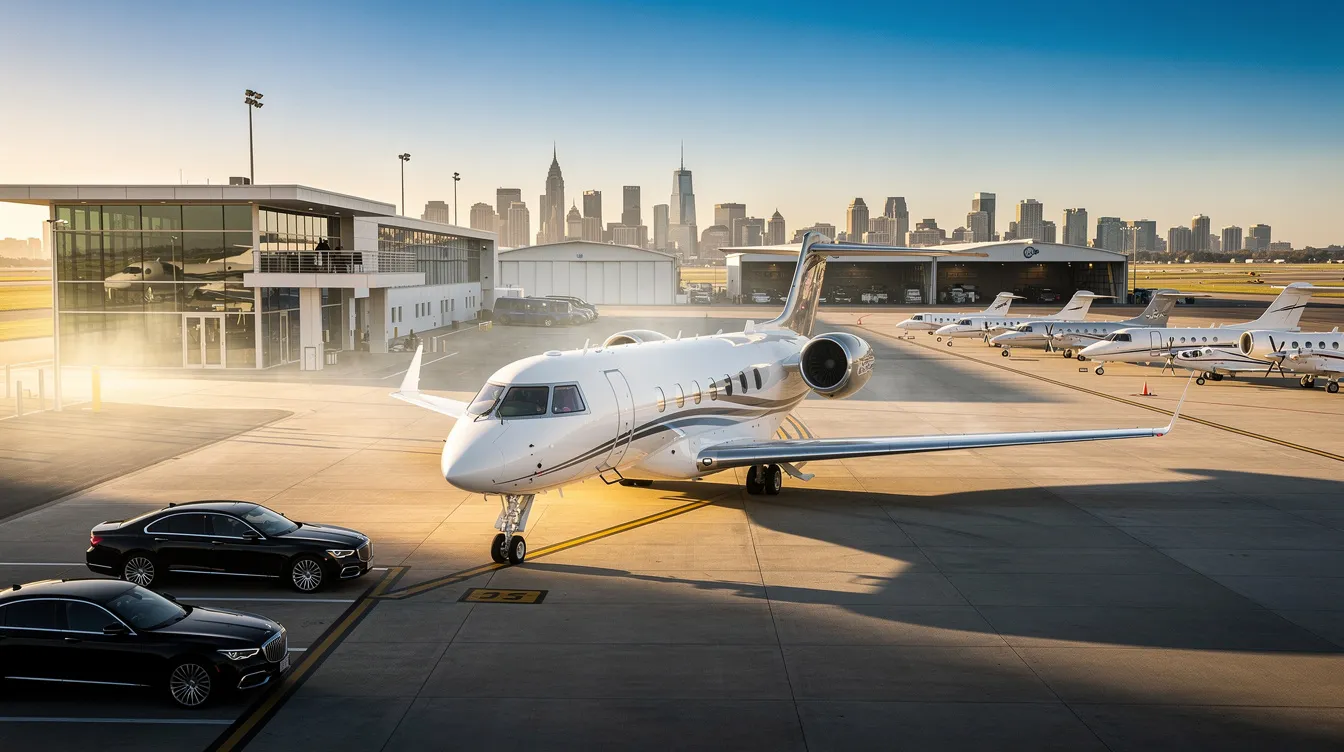 The image depicts a luxurious private jet, representing the essence of private aviation, with a sleek design and spacious interior, perfect for business jets and private individuals seeking a hassle-free travel experience. The aircraft is part of a worldwide fleet that offers various aircraft types, ensuring a meticulous approach to every journey.