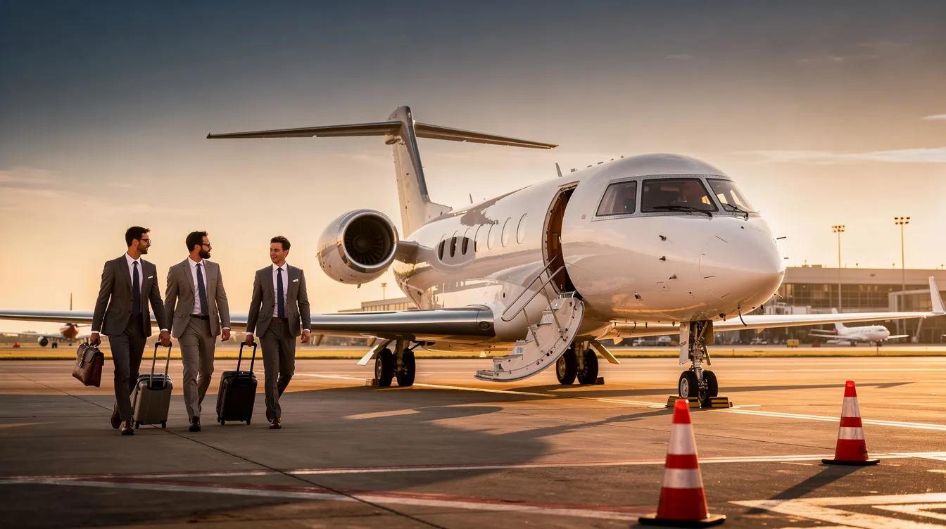 A private jet is parked on the tarmac at sunrise, with business travelers approaching, ready for their journey. This scene captures the essence of private aviation, showcasing the convenience and luxury of private jet charters for executives and their teams.