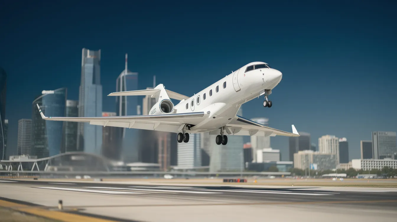A private jet is taking off against a clear blue sky, with a vibrant city skyline visible in the background. This scene evokes the luxury of travel and the concept of fractional ownership, where multiple owners can share high-end properties for their vacation experiences.