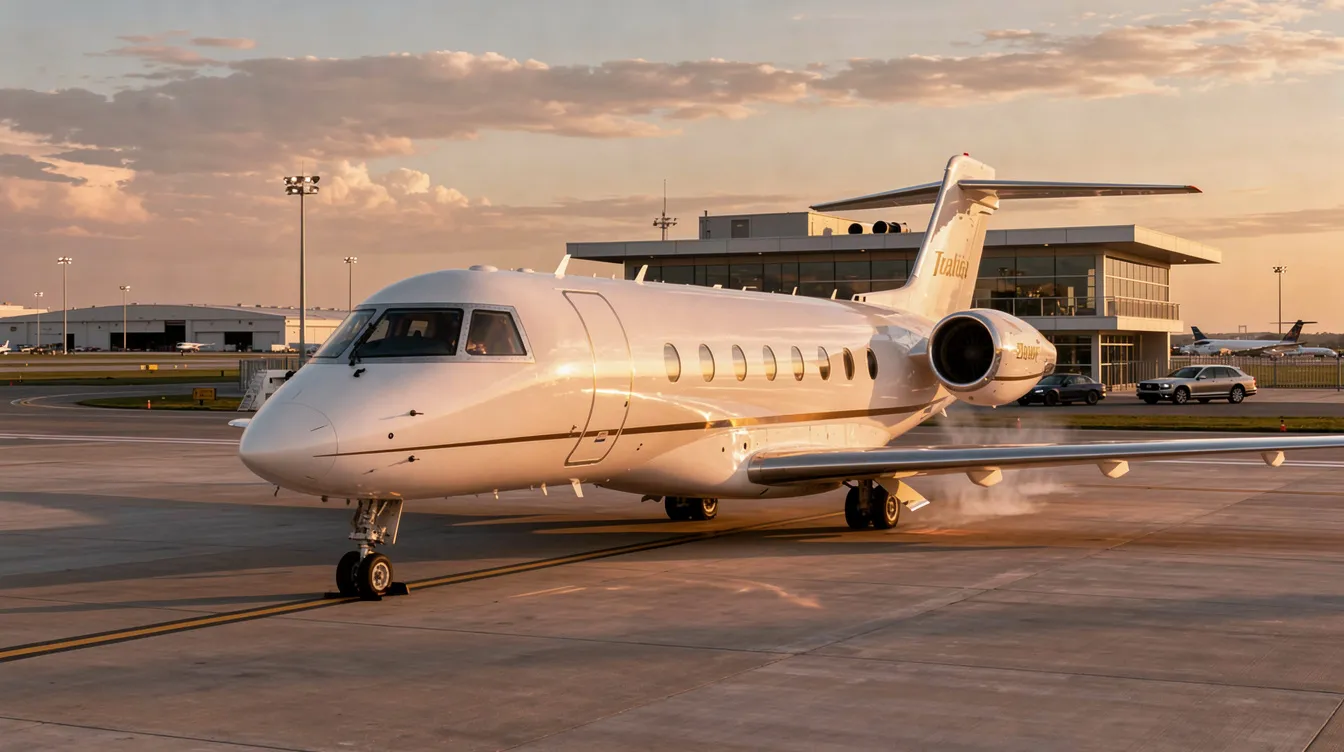 A sleek private jet is parked on the tarmac of an executive airport, bathed in the warm glow of golden hour light, showcasing the luxury of private aviation. This image highlights the appeal of private jet travel, emphasizing the convenience and exclusivity of private jet rentals at regional airports.