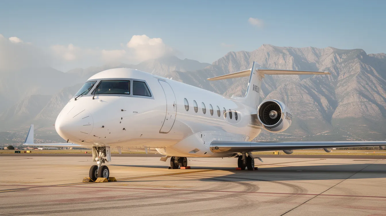 A large white private jet is parked on a tarmac, with majestic mountains rising in the background. This scene highlights the luxury and convenience of private aviation, perfect for those considering private jet travel or charter options.
