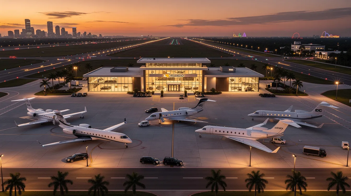 The image depicts the bustling Orlando International Airport, a key hub for private jet charter services, showcasing various private jets and the vibrant atmosphere surrounding the airport. In the background, iconic landmarks like Walt Disney World Resort and Universal Orlando can be seen, highlighting Orlando as a premier destination for private flights and charter travel.