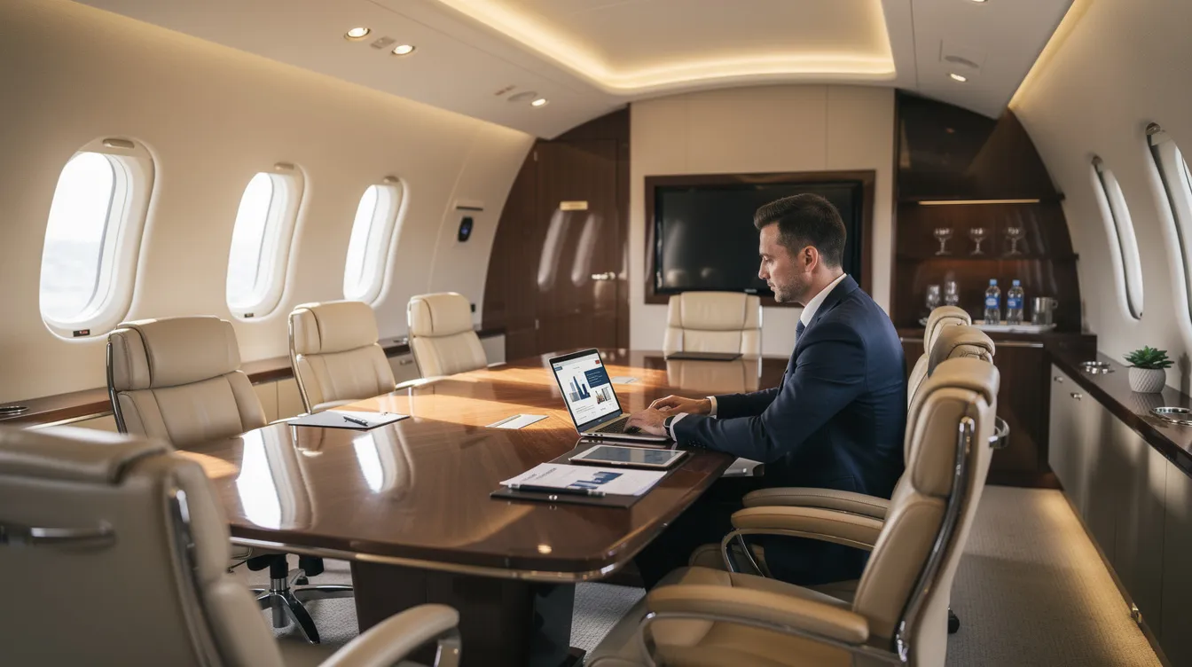 An executive is seated in a luxurious private jet cabin, working intently on a laptop amidst a conference setup, highlighting the convenience and efficiency of private jet travel for business meetings. The elegant interior showcases a blend of comfort and functionality, perfect for productive travel experiences.