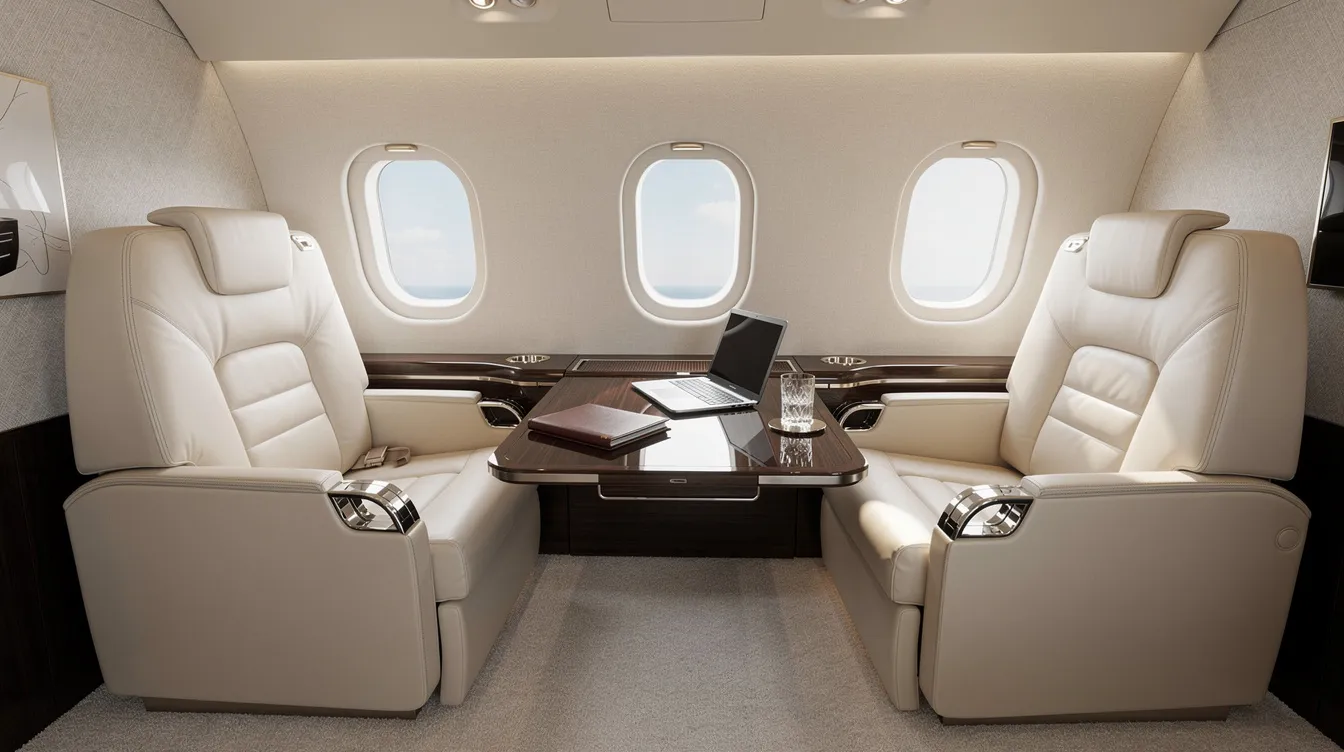 The image depicts the interior of a super midsize private jet cabin, featuring luxurious leather club seating arranged around a stylish work table, ideal for both business and leisure travel. This spacious cabin exemplifies the elevated travel experience offered by private jet charters, providing a comfortable environment for passengers to relax or conduct meetings while flying.