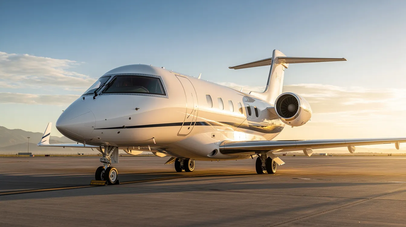 The image showcases a sleek executive jet aircraft, designed for private jet travel, offering a spacious cabin and cutting-edge technology for both business and leisure travel. This private plane exemplifies luxury and convenience, catering to the unique needs of passengers seeking bespoke charter services and reducing travel time with access to more airports.