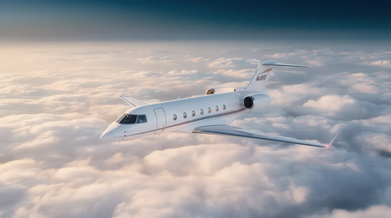 An aerial view captures a sleek white private jet soaring above a sea of fluffy clouds, symbolizing the luxury and convenience of private jet travel. This image represents the elevated travel experience offered by bespoke charter services, ideal for both business and leisure journeys.