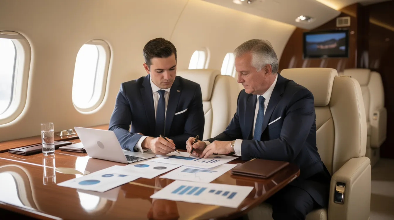 A group of business executives is seated inside a luxurious private jet cabin, intently reviewing documents and discussing important flight details. The elegant interior reflects the premium aircraft experience, providing a comfortable environment for corporate travel and informed decision-making.