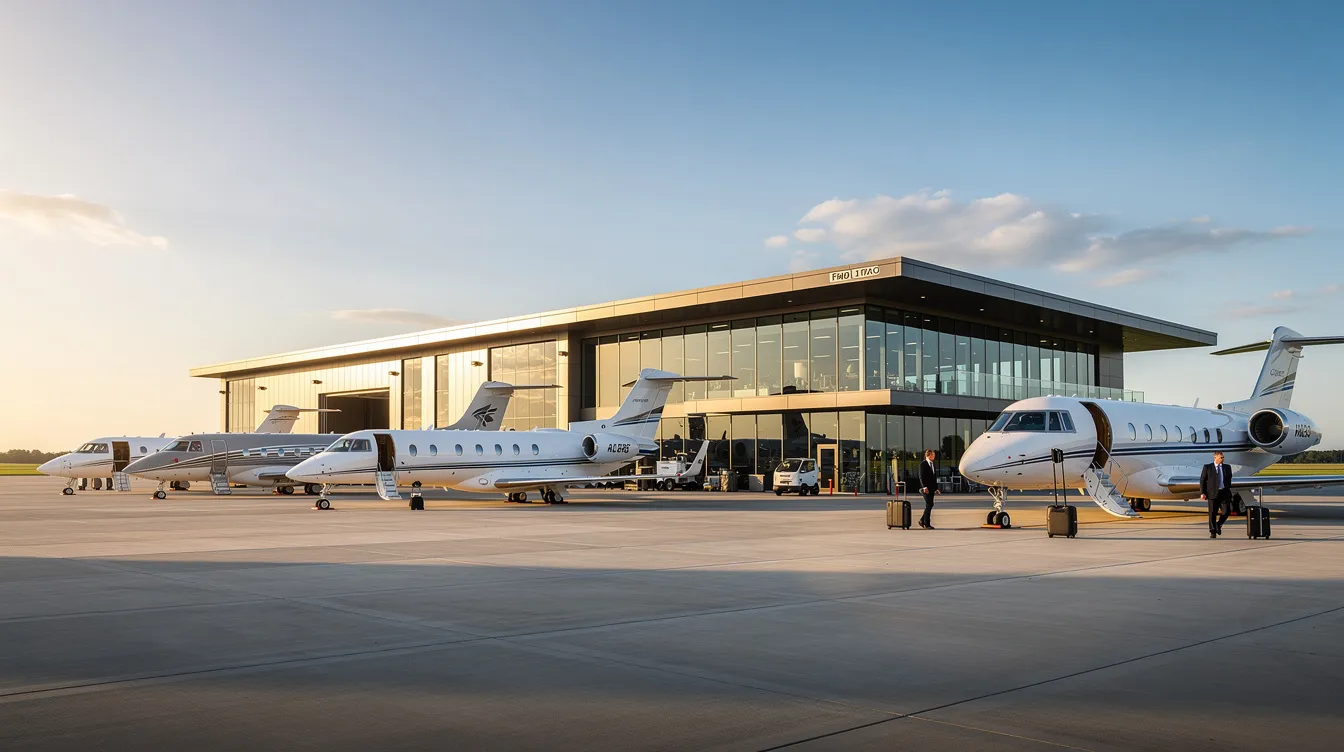The image depicts a modern FBO terminal building with sleek architecture, surrounded by several private jets parked on the ramp, illustrating the luxury of private aviation and the convenience of private jet flights for business travelers. The scene captures the essence of personalized service and seamless travel, highlighting the benefits of private charter options in a busy airport environment.