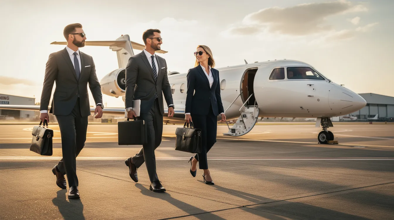 A group of business executives is walking towards a sleek Gulfstream G650 private jet on the airport tarmac, showcasing the luxurious design and purpose-built features of the aircraft. The scene highlights the world of business aviation, where executives often rely on such jets for their maximum range and improved engines, ensuring efficient travel for meetings and engagements.