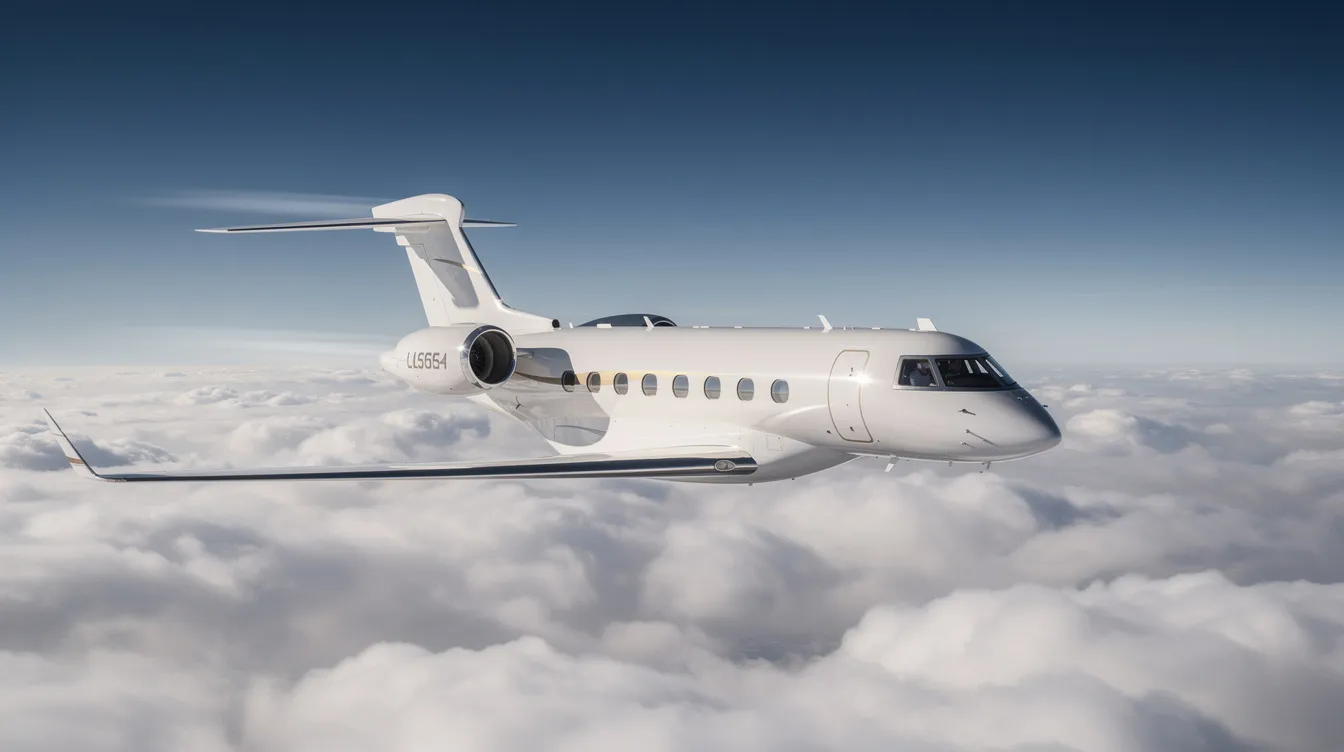 A Gulfstream G650 private jet is soaring above fluffy white clouds against a clear blue sky, showcasing its sleek design and powerful engines. This purpose-built business jet is known for its maximum range and top speed, making it a popular choice in business aviation.