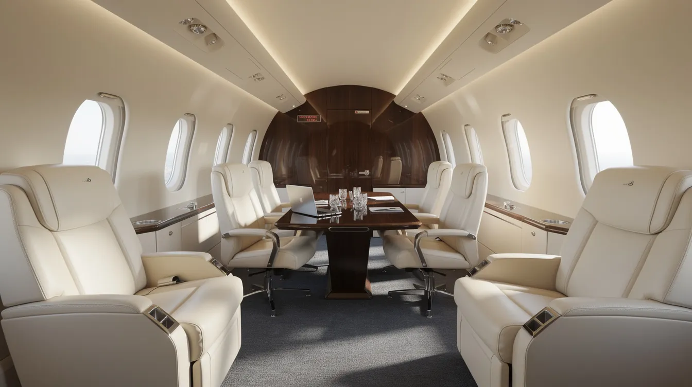 The image depicts the luxurious interior of a private jet, featuring lie-flat leather seats arranged around a sleek conference table, ideal for business meetings during private jet travel. This elegant space showcases the comfort and convenience of private jet charter services, providing an exclusive environment for travelers on international destinations.