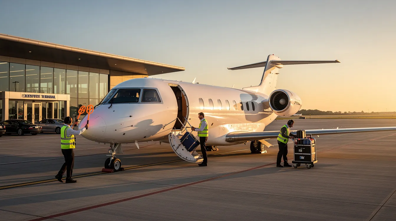 A private jet is parked at an executive terminal, with ground crew members preparing for departure, showcasing the convenience and luxury of private jet travel. The scene highlights the personalized service and efficient flight planning associated with international private jet flights.