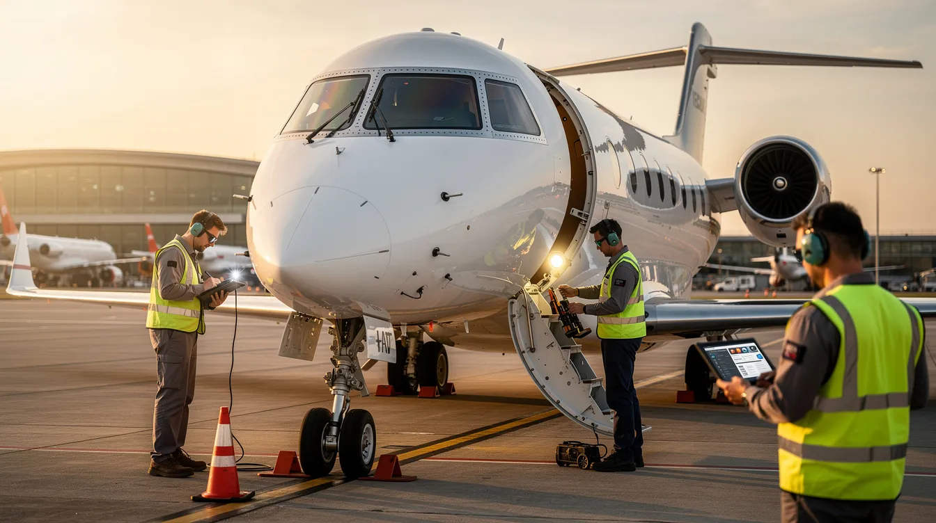 The image shows a ground crew performing maintenance checks on a private jet, ensuring it is ready for international private jet flights. The technicians are inspecting various aircraft components, highlighting the importance of safety and service in private aviation.