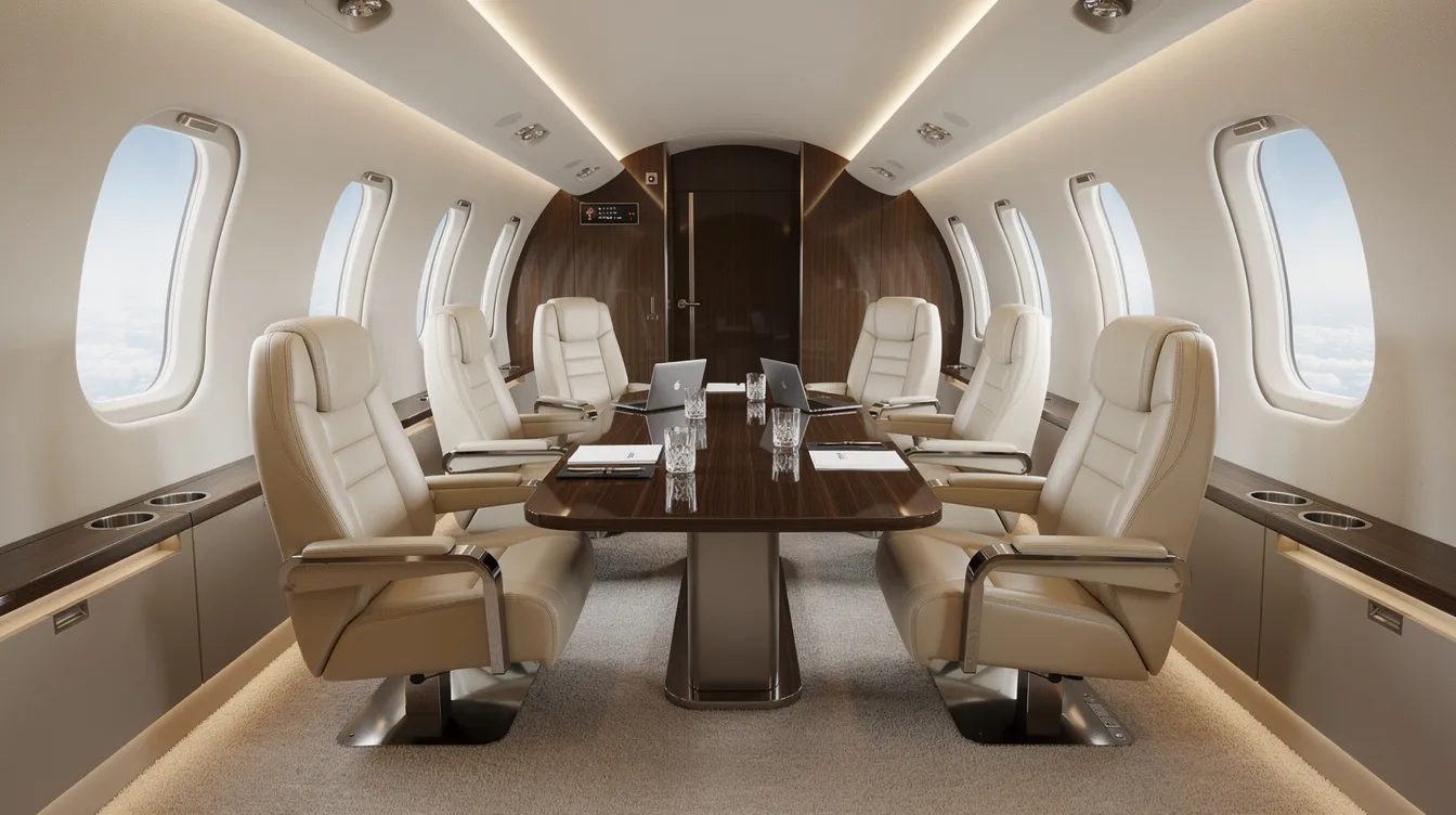 The image depicts the interior of a long-range business jet featuring cream leather seats and a sleek conference table, designed for luxury and comfort during private jet travel. This elegant space offers a perfect setting for meetings or relaxation while flying international on a private charter flight.