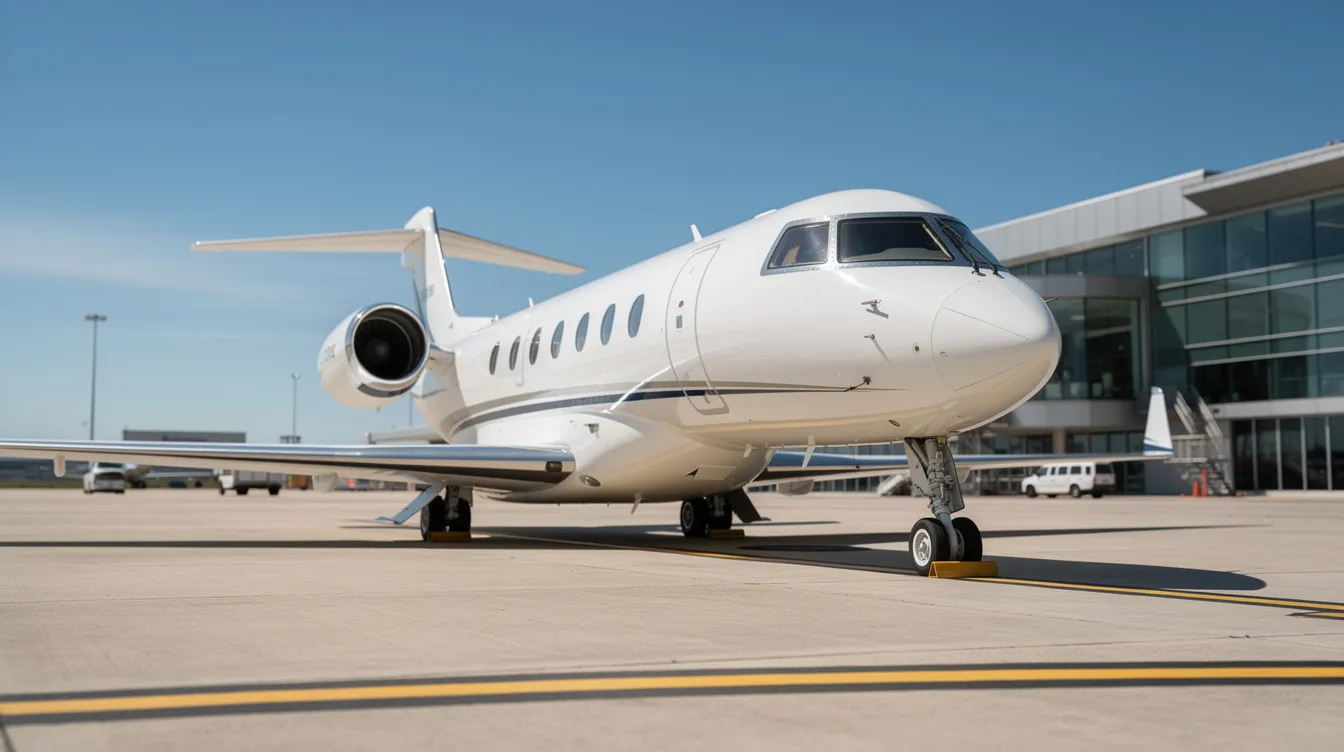A sleek midsize private jet is parked on a sunny airport tarmac, with an executive terminal building visible in the background. This image captures the essence of private jet travel, highlighting the luxury and convenience of flying private without the hassle of long security lines typically found in commercial flights.