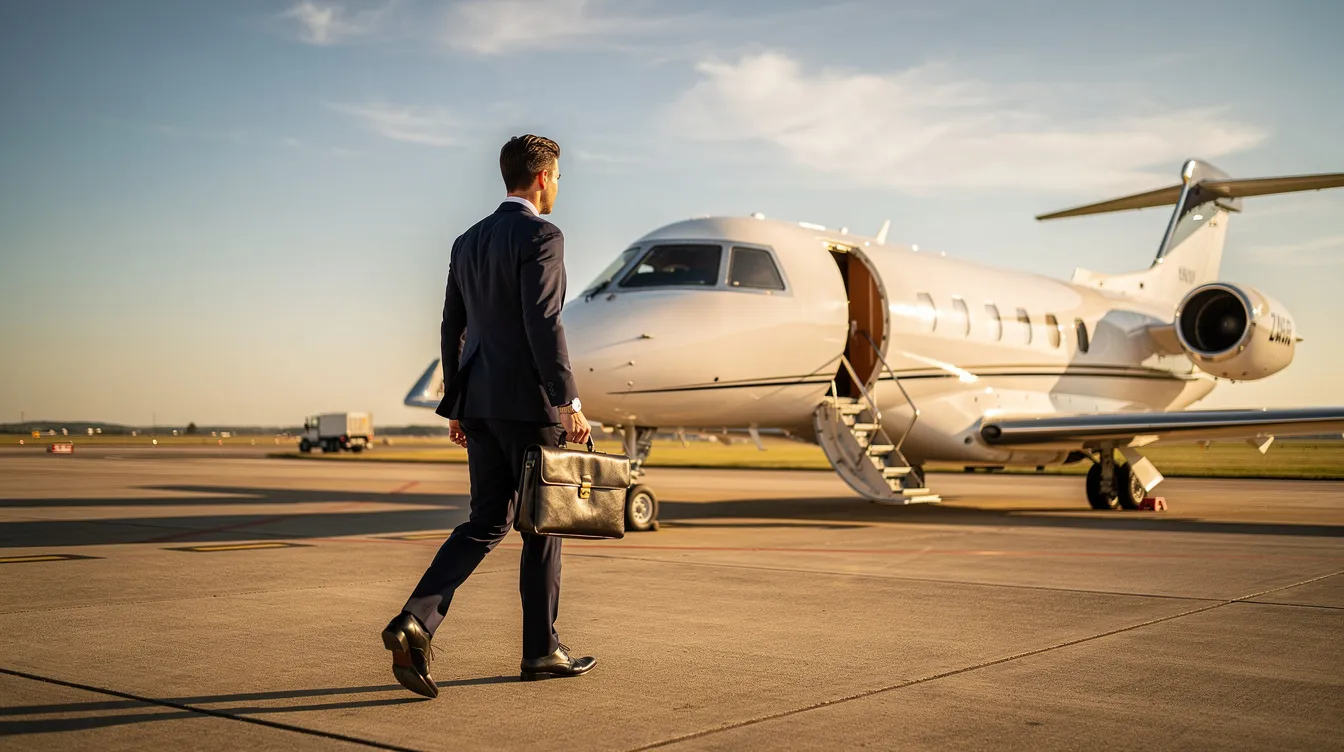A business executive in professional attire confidently walks toward a private jet on a sunny tarmac, embodying the luxury and convenience of private air travel. The scene highlights the seamless experience of flying private, free from long security lines and airport crowds, ensuring a personalized service tailored to their next journey.