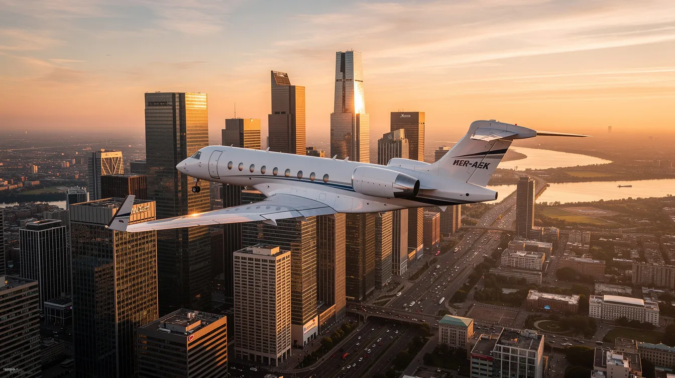 A light jet aircraft soars over a modern city skyline during golden hour, casting a warm glow as it symbolizes the luxury of private jet travel. This scene captures the essence of flying private, showcasing the seamless experience and personalized service that comes with private jet charter flights.