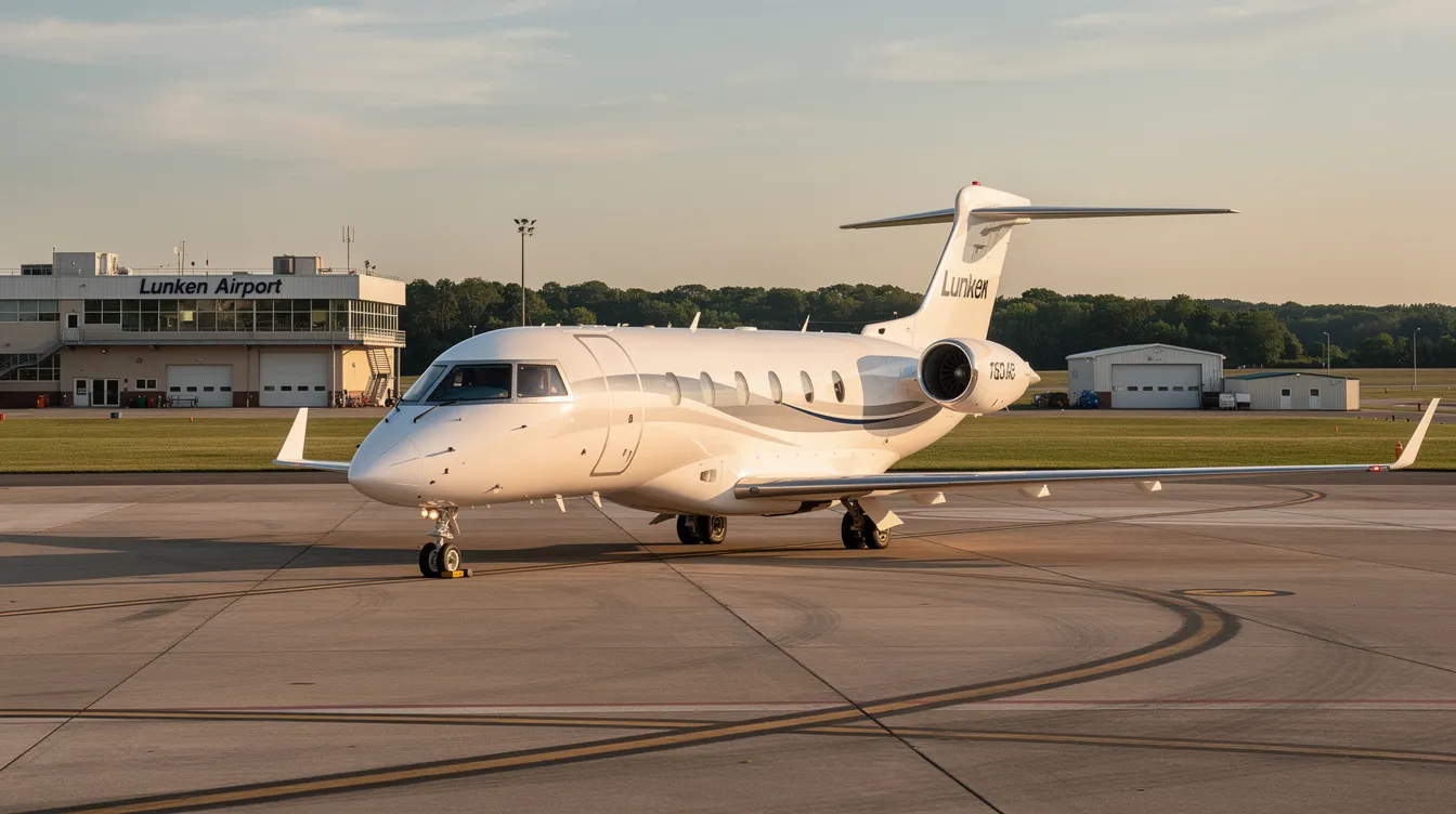 A private jet is parked at Lunken Field Airport, also known as Cincinnati Municipal Lunken Airport, with a backdrop of the city skyline in downtown Cincinnati. This airport, featuring three runways, primarily serves private jet charters and offers a convenient option for travelers seeking to fly to popular destinations.