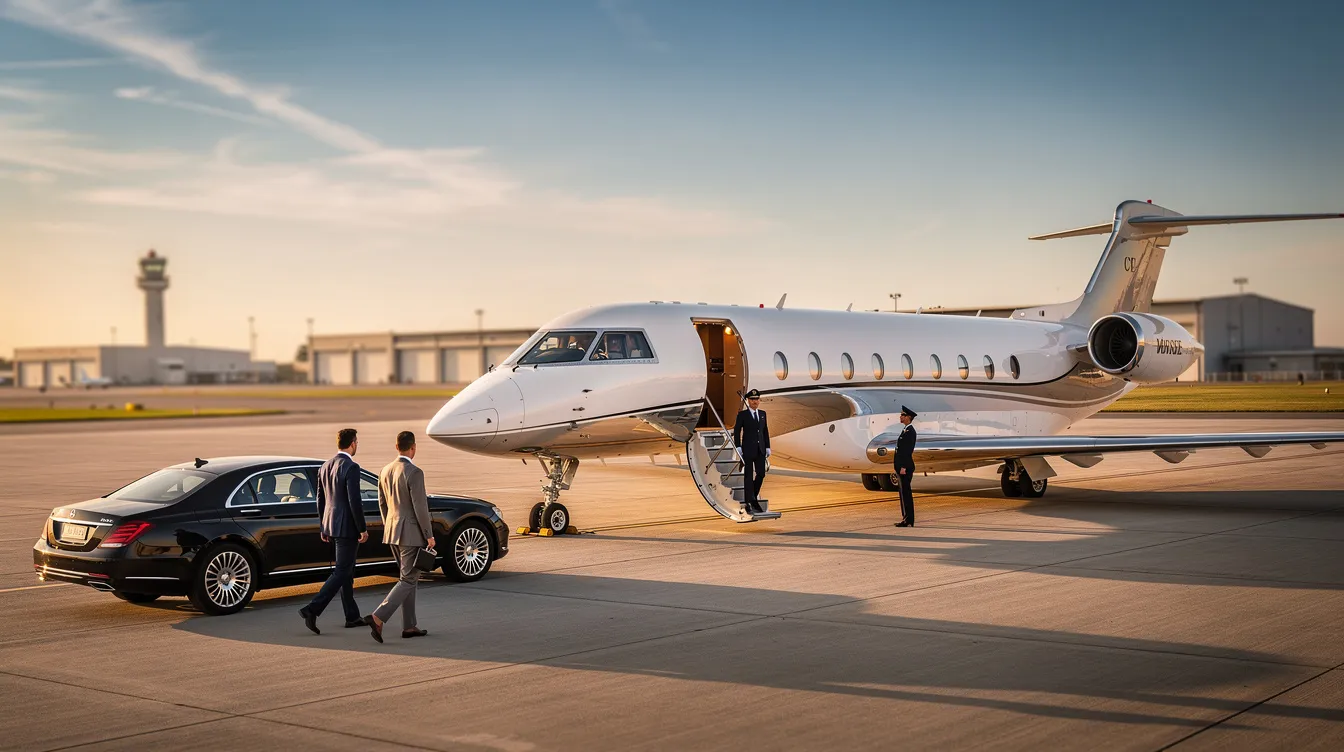 The image depicts a sleek private jet parked at Cincinnati Municipal Lunken Airport, showcasing the facility's three runways and proximity to downtown Cincinnati. This private aviation hub offers charter aircraft services, catering to clients seeking comfort and convenience for both business and leisure travel.