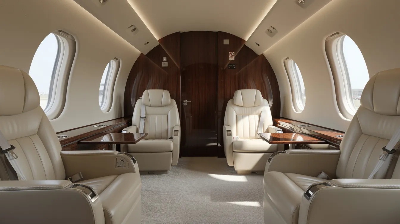 The image depicts the interior of a modern private jet, showcasing luxurious leather seats and elegant wood paneling that create a sophisticated atmosphere for private jet travel. The spacious cabin is designed for comfort and style, ideal for those seeking a premium flying experience.