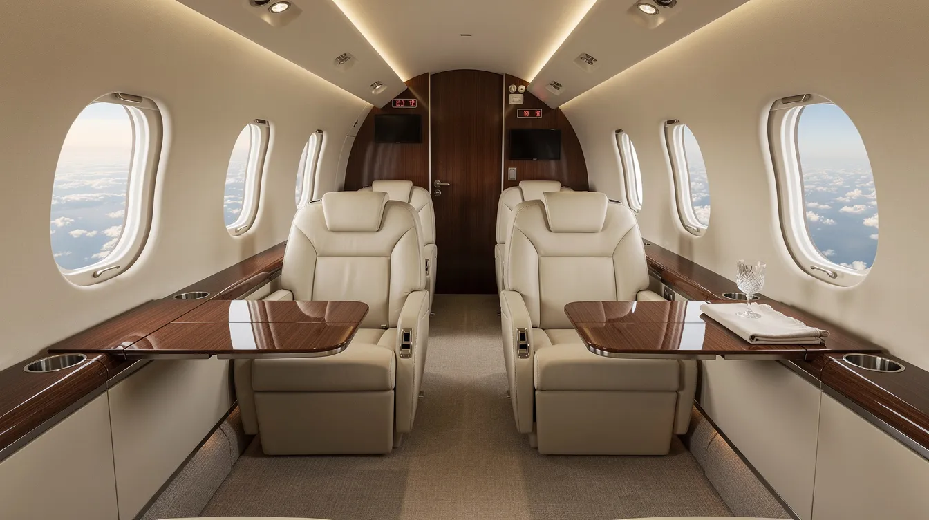 The image shows the interior of a midsize private jet cabin featuring plush leather seats arranged for comfort and elegance. This luxurious space is designed for private jet travel, providing a serene environment for passengers to relax during their flight.