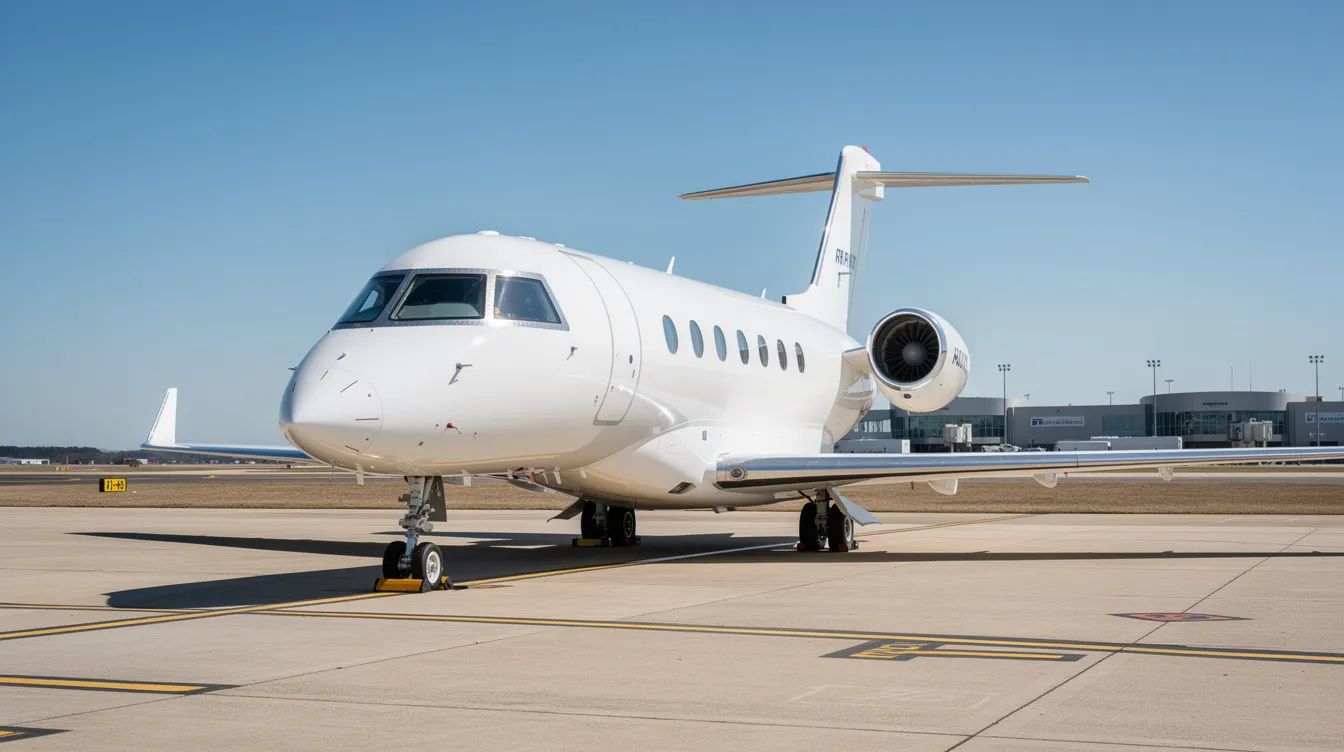 A modern business jet is parked on the airport tarmac under a clear blue sky, showcasing its sleek design and advanced avionics. This general aviation aircraft represents a significant investment for aircraft owners, with considerations for ongoing costs such as maintenance, fuel, and insurance.