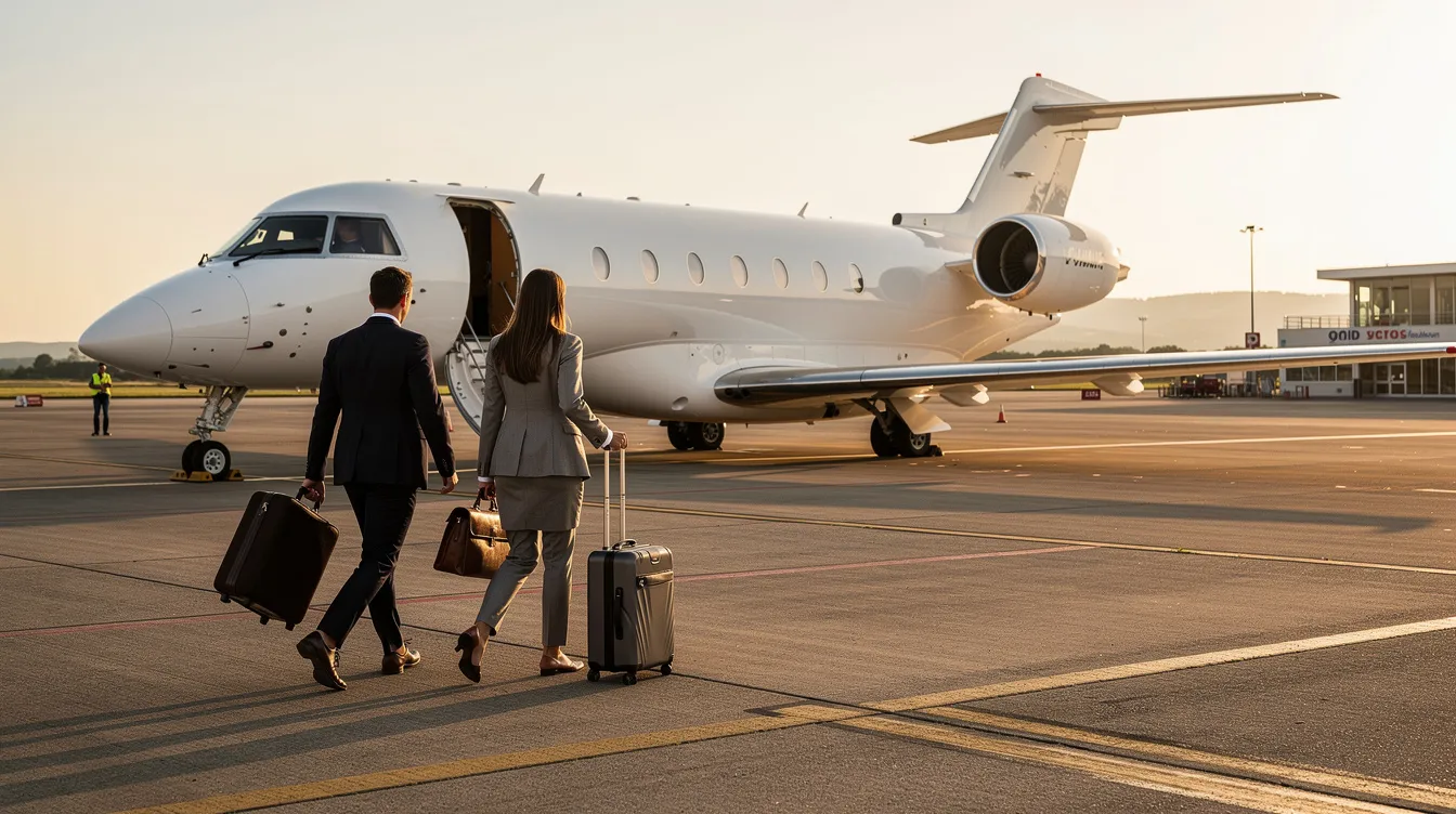 A group of business executives is walking towards a light jet at a regional airport, showcasing the convenience of private jet travel. The scene highlights the accessibility of affordable private jets for professionals seeking efficient transportation.