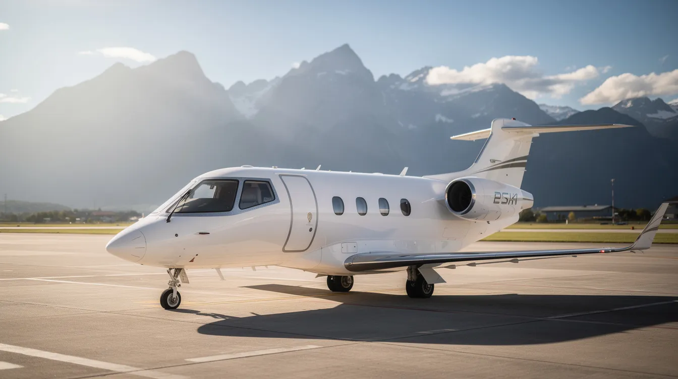 A modern very light jet, resembling the Cirrus Vision Jet, is parked on an airport tarmac with majestic mountains in the background. This economical private jet exemplifies the light jet category, offering spacious cabin space and advanced technology for private aviation enthusiasts.