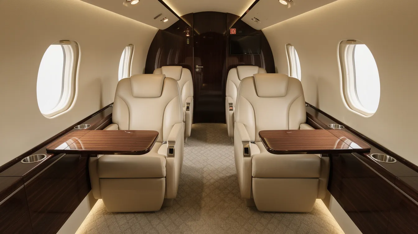 The image depicts the interior of a midsize private jet cabin, featuring plush leather seats and elegant wood trim, creating a luxurious atmosphere for private air travel. This comfortable setting is ideal for business executives and leisure travelers looking for a premium private jet experience.