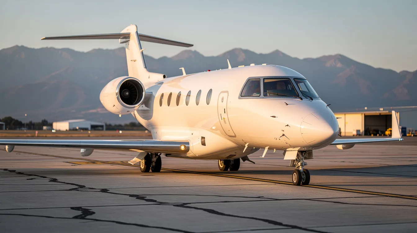 A sleek white midsize business jet is parked on an airport tarmac, with majestic mountains in the background, showcasing its suitability for business aviation and access to smaller airports. This private aircraft represents an excellent option among midsize jets for sale, offering ample cabin space and modern avionics for comfortable travel.