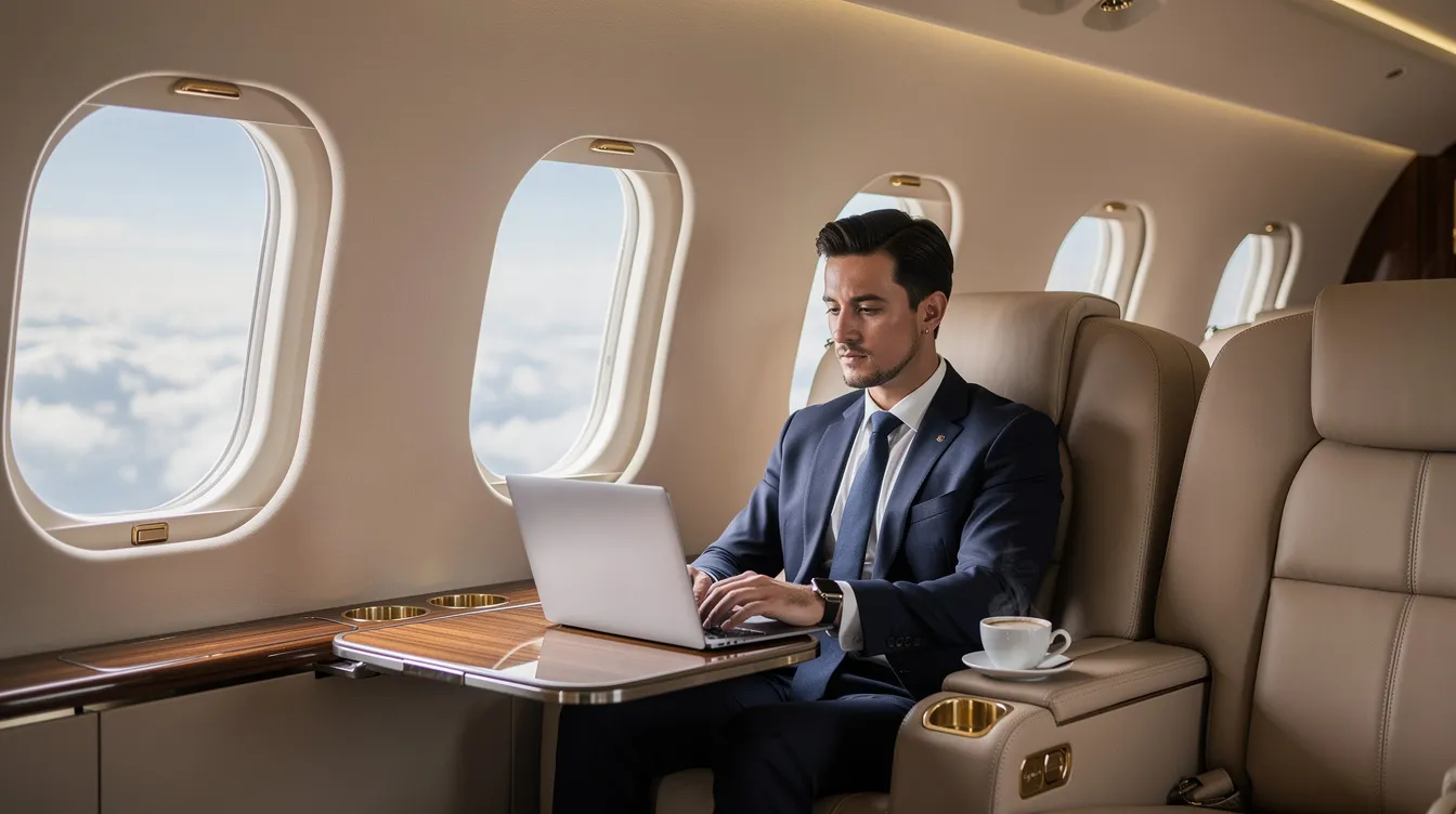 An executive is focused on their laptop inside the spacious cabin of a luxury private jet, showcasing the comfort and convenience of private aviation. This image highlights the benefits of private jet travel, providing an efficient workspace while flying to a destination.