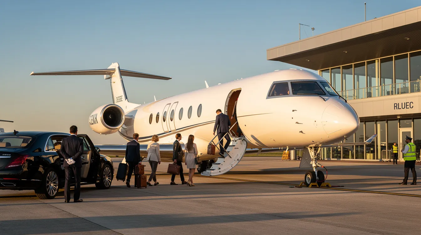 A private jet is parked on the tarmac near a private terminal, with passengers boarding in a relaxed atmosphere. This scene highlights the luxury and convenience of private aviation, offering an alternative to conventional commercial flights.