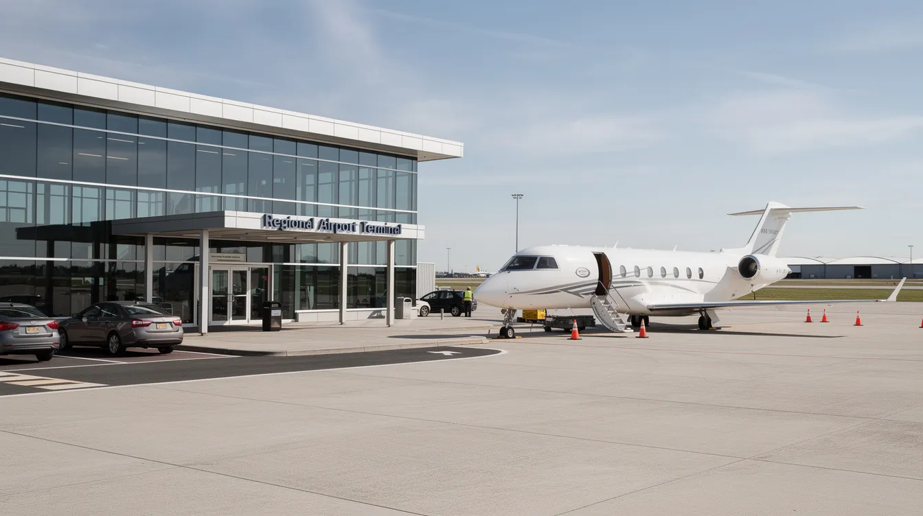 The image depicts a regional airport terminal with a small private jet parked on the nearby tarmac, showcasing the accessibility and convenience of private jet travel. This scene highlights the appeal of affordable private jet charters for passengers seeking a luxurious flying experience at smaller airports.