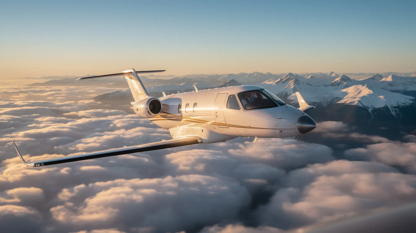 A very light jet is soaring high above fluffy clouds, with majestic mountains visible below, showcasing the beauty of private aviation. This image highlights the freedom and luxury of flying privately, emphasizing the advantages of economical private jets for short trips.