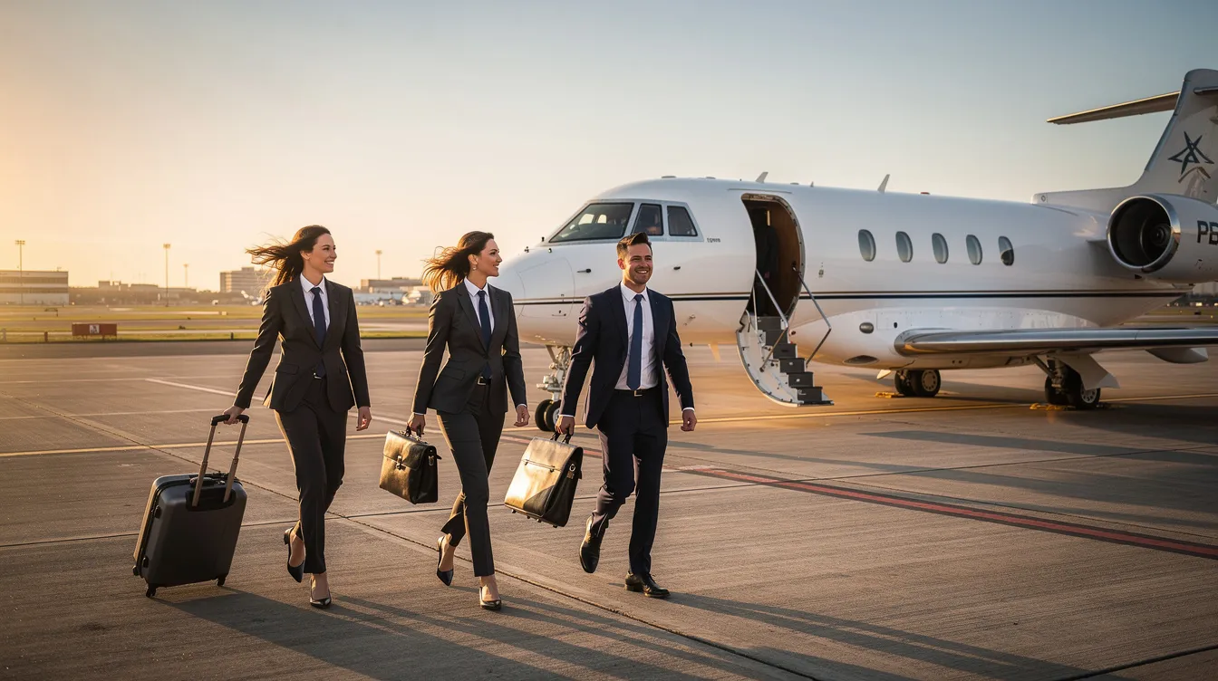 A group of business executives is walking toward a sleek private jet on the tarmac, ready for their private travel. The scene highlights the convenience and luxury of flying privately, showcasing the appeal of affordable private jet options for corporate meetings and short trips.