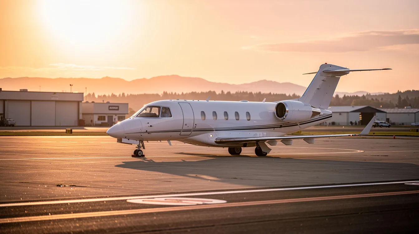 A small private jet, possibly a Cirrus Vision Jet, is parked on the tarmac of a regional airport during the golden hour, casting a warm glow on its sleek design. This economical option for private travel highlights the appeal of flying privately, offering a spacious cabin and accessibility to smaller airports.