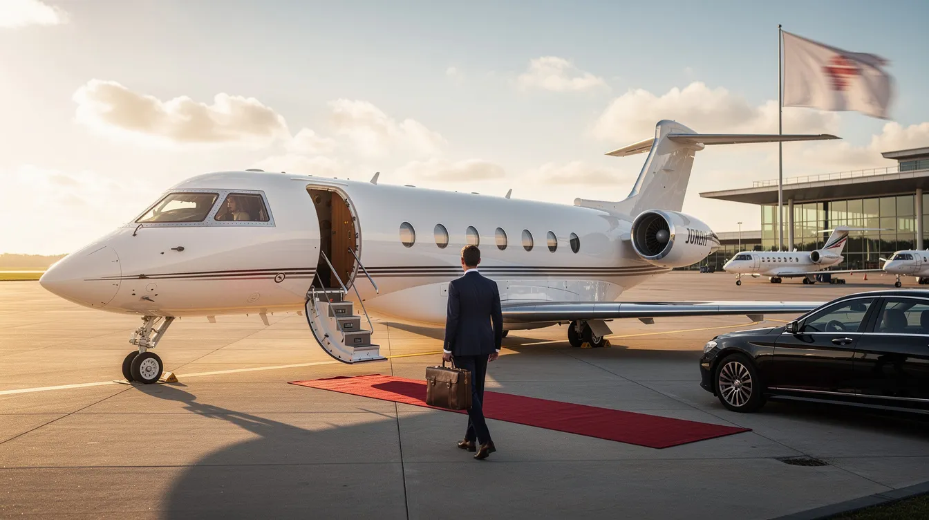 The image depicts a sleek private jet parked at a small airport, showcasing the luxurious aspect of private aviation. This aircraft represents the various costs associated with private jet travel, including maintenance costs, landing fees, and operational expenses, making it an appealing option for frequent flyers seeking convenience and comfort.