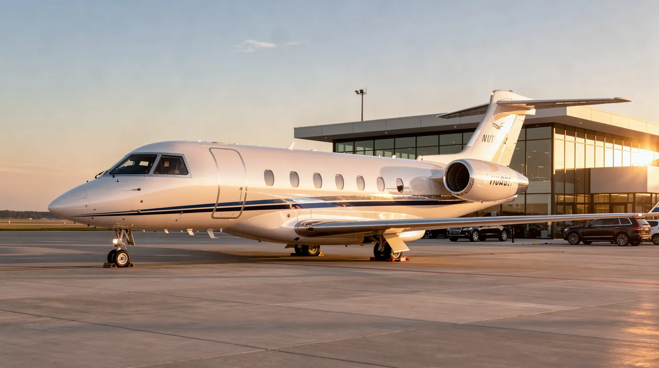 A sleek private jet is parked on the tarmac of a private aviation terminal, illuminated by the warm glow of golden hour. This luxurious aircraft symbolizes the convenience and exclusivity of private jet travel, often associated with private jet charter services and varying private jet costs.